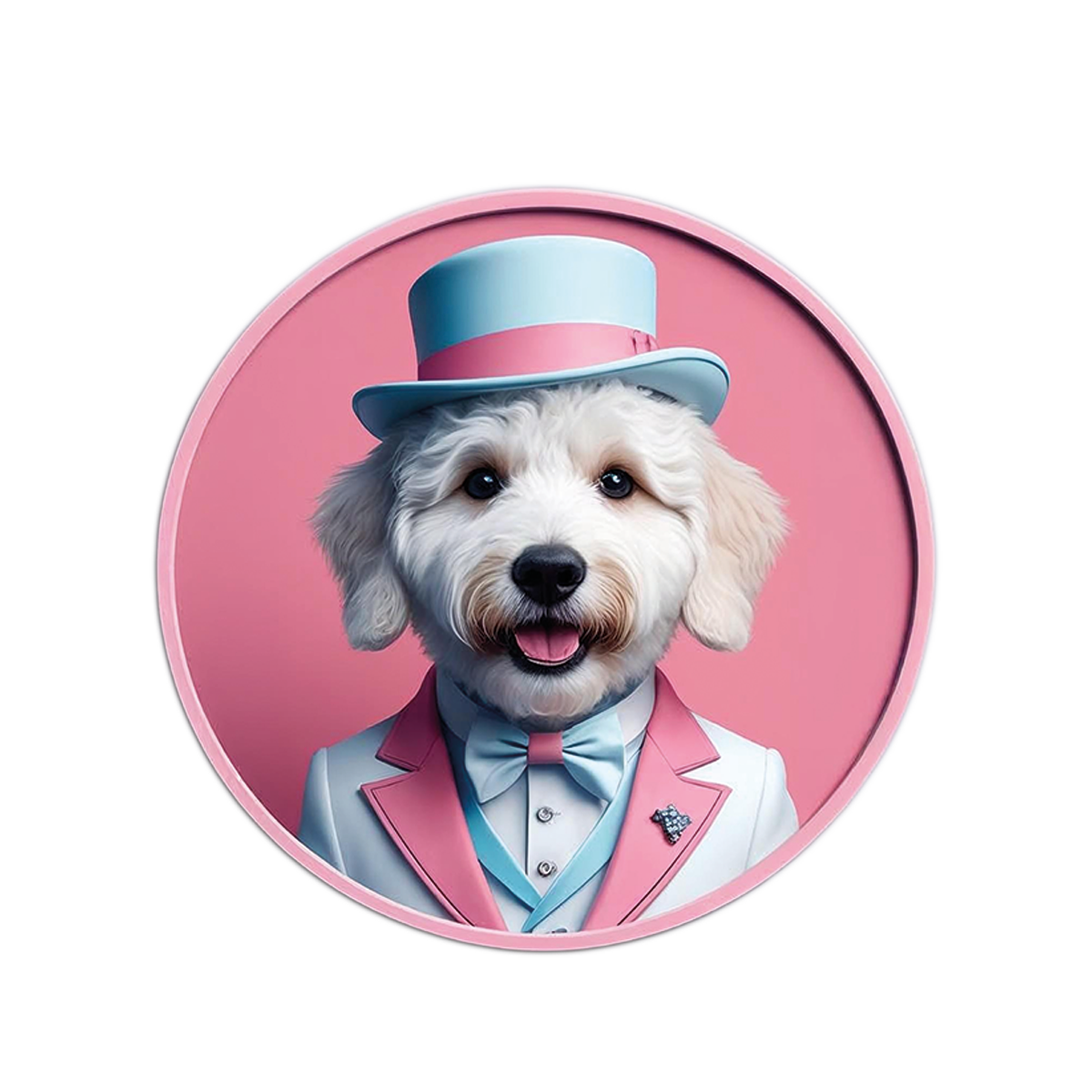 Pup Buzz mascot dog in a top hat and bow tie